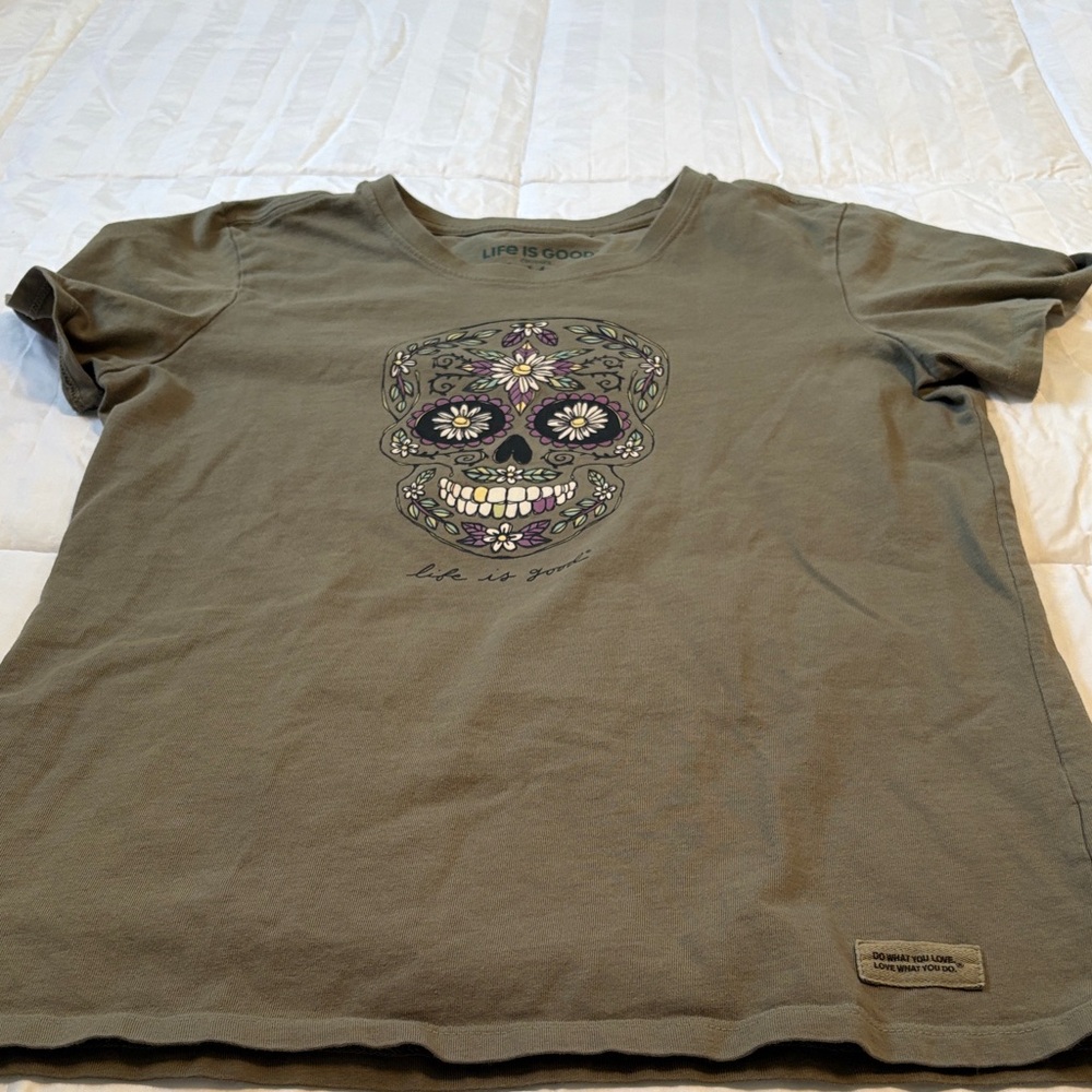 Life Is Good Olive T-Shirt with Floral Skull Design